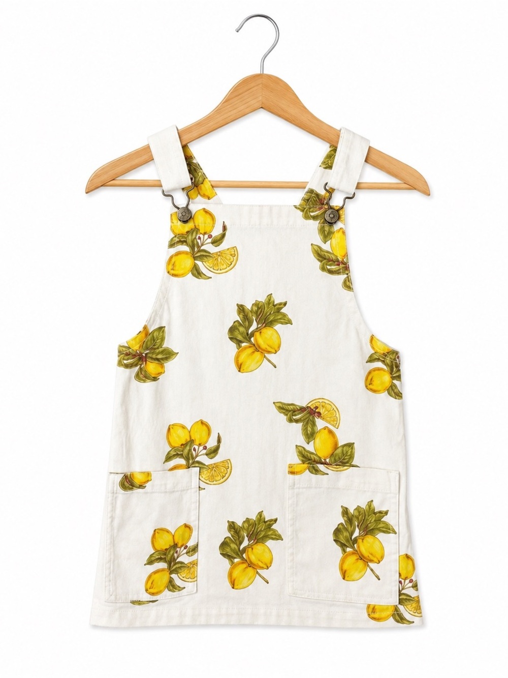 Girls Lemon Print Overall Dress White Cotton Cottagecore Summer Pinafore 5/6